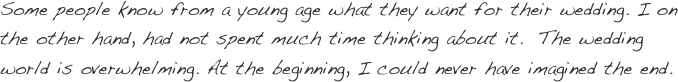Some people know from a young age what they want for their wedding. I on the other hand, had not spent much time thinking about it.  The wedding world is overwhelming. At the beginning, I could never have imagined the end.   